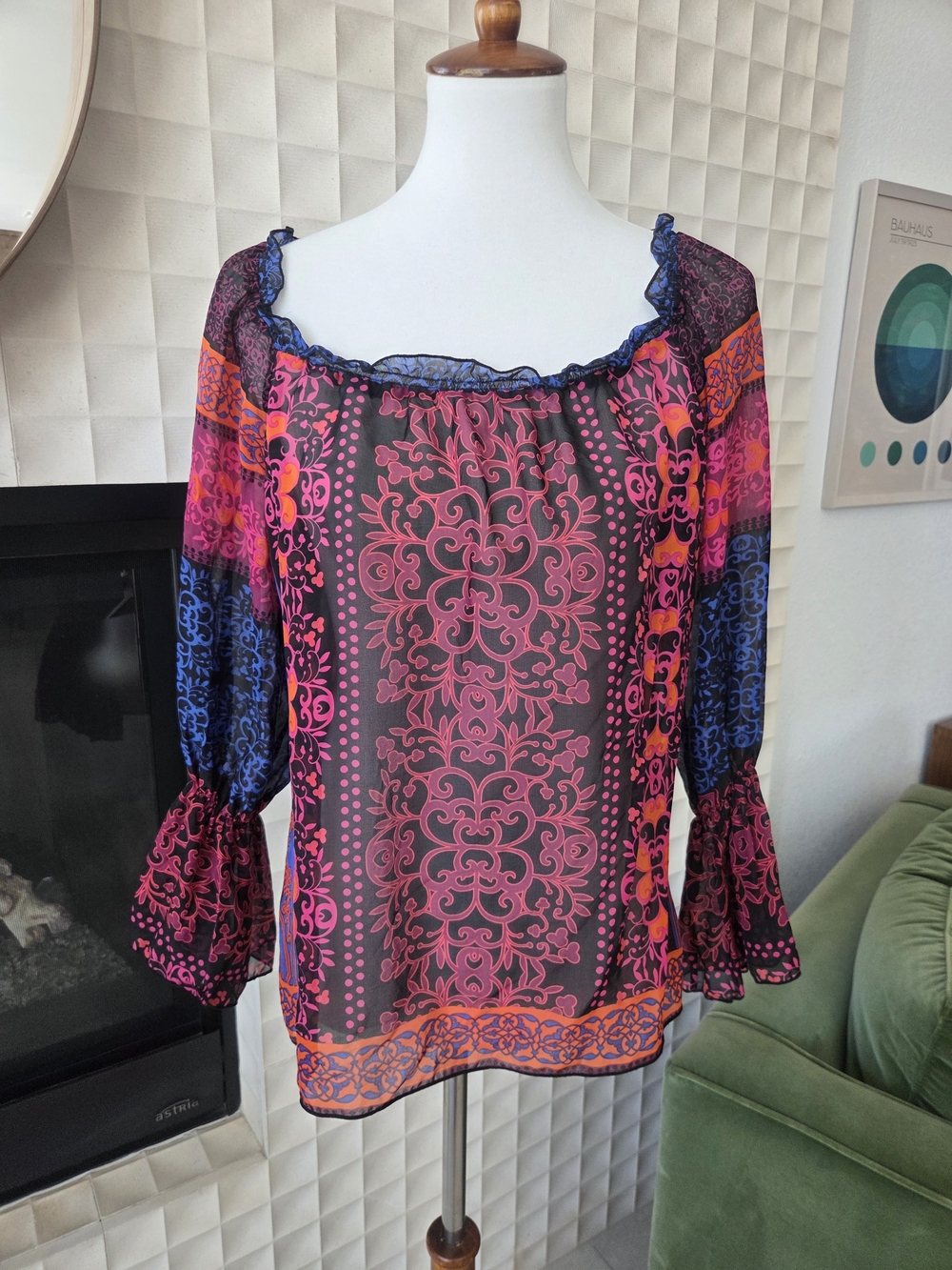Hale Bob 100% Silk Semi-Sheer Off-Shoulder Boho Blouse 3/4 Sleeve, XS PTP 19"